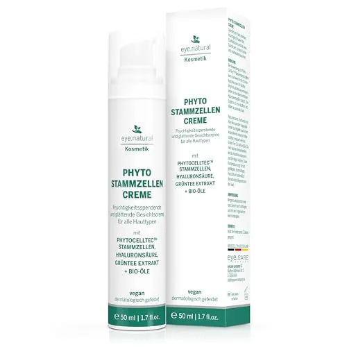 Eye Natural Anti-Aging Stammzellencreme – mit Aloe Vera, Granatapfel-Öl, Sheabutteröl, Hyaluron, Grüntee-Extrakt und Panthenol – Vegane Feuchtigkeitspflege gegen Tränensäcke und Augenringe 50ml.