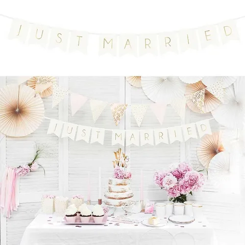 Banner Girlande Just Married / weiß mit gold metallic / Hochzeitsdeko