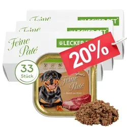g Lecker.Pet® Gino's Feine Paté Reich an Rind - 33 x 150g - Hundefutter für alle Rassen, reich an hochwertigem Rindfleisch, glutenfrei und leicht verdaulich – ideal für ernährungssensible Hunde.