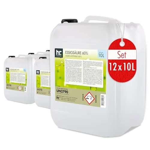 Höfer Chemie 12x 10 L Essigsäure 60% - Reinigungsmittel für vielseitige Anwendungen, biologisch abbaubar und hochkonzentriert - ideal zum Entfernen von Kalk und Rost.