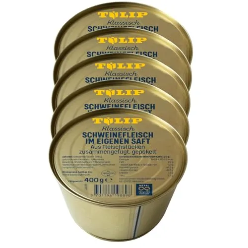 TULIP 5x 400 g Schweinefleisch im eigenen Saft | Fleisch Schwein 94% | Frühstücksfleisch in der Konserve | Ideal als Belag oder zum Anbraten | Konservenfleisch