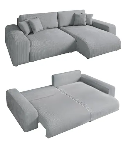 Modernes Cord Ecksofa B255 mit Schlaffunktion und Bettkasten - Sofas & Couches - Bequeme L-Couch mit Wellenunterfederung, vielseitig montierbar, und verwandelt sich schnell in ein Gästebett mit 148x196 cm Liegefläche.