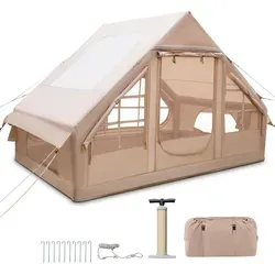 COSTWAY Aufblasbares Zelt für 2-4 Personen, Luftzelt mit Dachfenster, 2 Türen, Moskitofenstern, Luftpumpe & Tragetasche, Campingzelt, Outdoor-Zelt - Beige