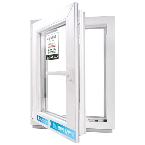 Kellerfenster Kunststofffenster weiß, BxH: 50 x 110 cm / 500 x 1100 mm 2-fach Verglasung (32 mm) Dreh-Kipp inkl. Pilzkopfverriegelung, DIN Rechts (Griff Links), 70 mm Profil