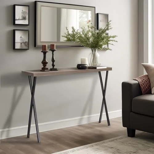 Wohnando Konsolentisch schmal grau Eiche-Optik Sideboard Apollo, 100x25x80cm, Flurtisch hellgraues Eichendekor und Metall-Füße