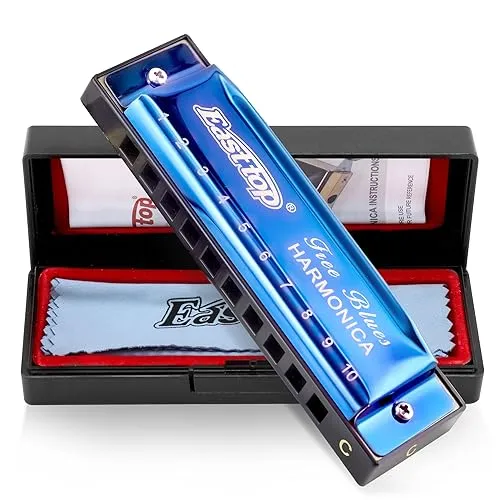 East Top Mundharmonika Blau 10 Holes Professionelles Diatonic Blues Harmonica Für professionelle Spieler, Anfänger, Studenten, Erwachsene als bestes Geschenk