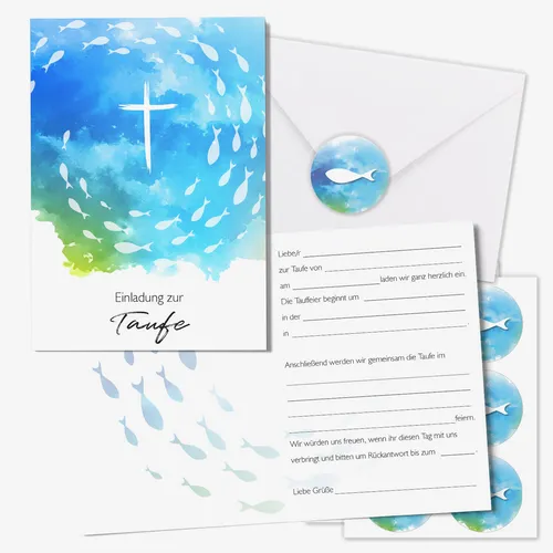15er Set Einladungskarten zur Taufe I Klappkarten Fische blau DIN A6 I dv_1313