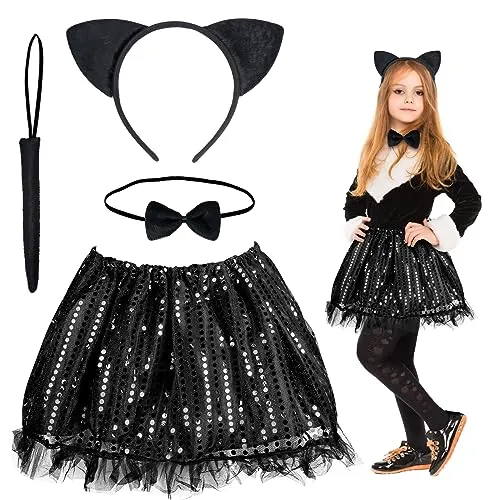 Fennoral 4tlg Katzen Kostüm Kinder Schwarz Pailletten Tutu Rock mit Katzenohren Haarreif Fliege Katzenschwanz Süße Katzen Kinder Tierkostüm für Mädchen Halloween Karneval Fasching Cosplay Mottoparty
