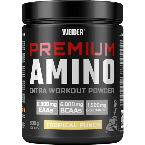 Weider Premium Amino Tropical Punch, 800g - Intra Workout Pulver - Sportnahrung mit 8,8 g EAAs und Elektrolyten pro Portion, ideal für Muskelaufbau und Energie während des Trainings. Erhältlich in erfrischendem Tropical Punch.