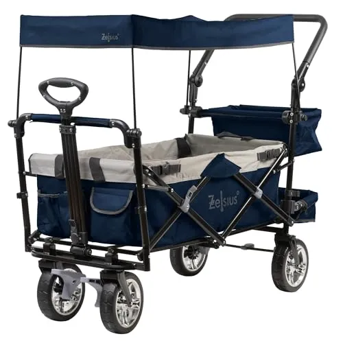 Zelsius Bollerwagen faltbar mit Dach | Blau/Grau - Handwagen mit abnehmbarem Sonnendach und Gurtsystem für sicheren Transport, ideal für Ausflüge, Camping oder Einkäufe.