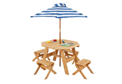 Costway Kindersitzgruppe aus Holz - Gartenmöbel-Sets für Kinder, 6-teiliges Set mit achteckigem Tisch und verstellbarem Sonnenschirm, ideal für sicheres Spielen und Essen im Freien.