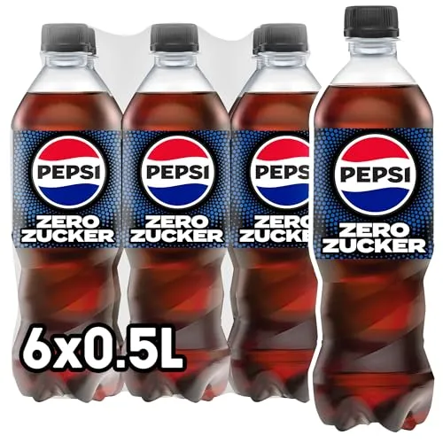 Pepsi Zero Zucker, Das zuckerfreie Erfrischungsgetränk von Pepsi ohne Kalorien, Koffeinhaltige Cola in der Flasche, EINWEG (6 x 0.5 l) (Verpackungsdesign kann abweichen)