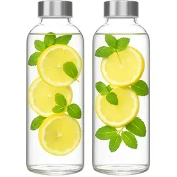 2er Set Trinkflasche aus Glas 1 Liter Deckel aus Edelstahl auslaufsicher
