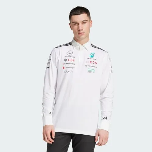 Adidas Herren Mercedes - AMG Petronas Formula ONE Team Polo Long Sleeve, White/Black, L - Stylisches Longsleeve Polo für Herren, perfekt für Fans des Formel 1-Teams. Hergestellt aus 74 % recyceltem Polyester, bietet hohen Tragekomfort und eine moderne Passform.