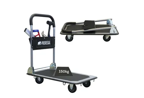 PROREGAL® Transportwagen RHINO 150 - Profi-Plattformwagen mit Werkzeugtasche - Transportwagen für bis zu 150 kg, klappbar und mit rutschfester Ladefläche für sicheren Transport. Ausgestattet mit pannensicheren Vollgummireifen und praktischer Werkzeugtasche am Griff.