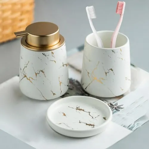 Marmor Badezimmer Zubehör Set - 3 teiliges Keramik Bad Zubehör Komplettes Set Luxus Bad Zubehör mit Seifenspender, Zahnbürstenhalter, Becher, Seifenschale (Matt Weiß (3 Stück))