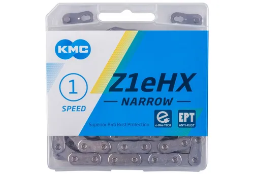 KMC Z1e HX EPT Kette silber für E-Bike - Fahrradketten - Langlebige Kette mit EcoProTeQ-Beschichtung für optimalen Rostschutz, ideal für E-Bikes mit Nabenschaltungen und hohe Zugfestigkeit.