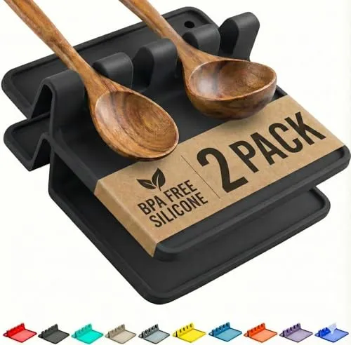 Cooler Kitchen 2er Pack Kochlöffelablage aus Silikon – BPA-frei, hitzebeständig, Utensilien- & Besteckhalter für Löffel, Küchenhelfer Ablage, Schwarz