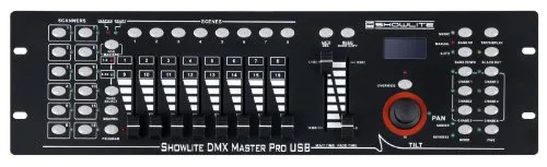 Showlite DMX Controller Master Pro USB - DMX Controller für bis zu 12 Geräte, max. 240 Szenen und 6 Chaser, ideal für kreative Lichtshows, mit USB-Anschluss zur Datenspeicherung und integriertem Joystick für präzise Steuerung.