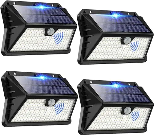 OUILA Solarlampen für Außen mit Bewegungsmelder, 【4 Stück】 185 LED 3 Modi Solarleuchten für Außen IP65 Wasserdichte, LED Außenwandleuchten für Wandleuchte, Garten, Hof, Garage, Haustüren (Kaltes Weiß)