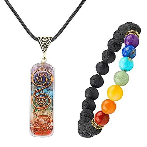 TOFBS Chakra Kristall Anhänger Halskette ＆ Armband Schmuck Set für Damen Herren, Reiki Heilstein Halskette Armband Glücksbringer zur Heilung Schutz Positive Energie Yoga Balance Meditation