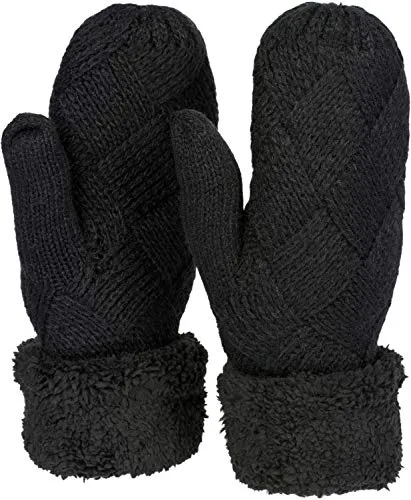 styleBREAKER Damen warme Winter Strick Fäustlinge, Handschuhe mit Rauten Muster, Thermo Fleece, Strickhandschuhe 09010031, Farbe:Schwarz
