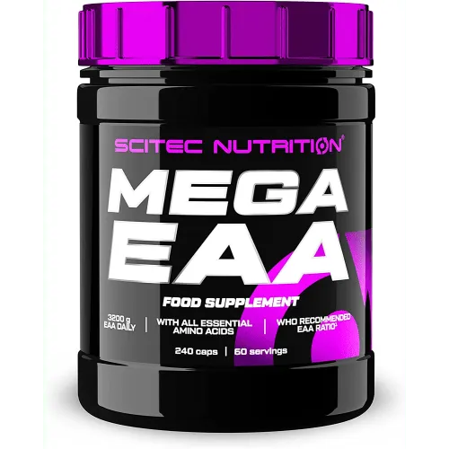 Scitec Nutrition Mega EAA, 240 Kapseln - Protein Shakes & Muskelaufbau, idealer Trainingsbooster mit 8 essentiellen Aminosäuren, zuckerfrei und sulfatfrei für optimale Fitnessunterstützung.