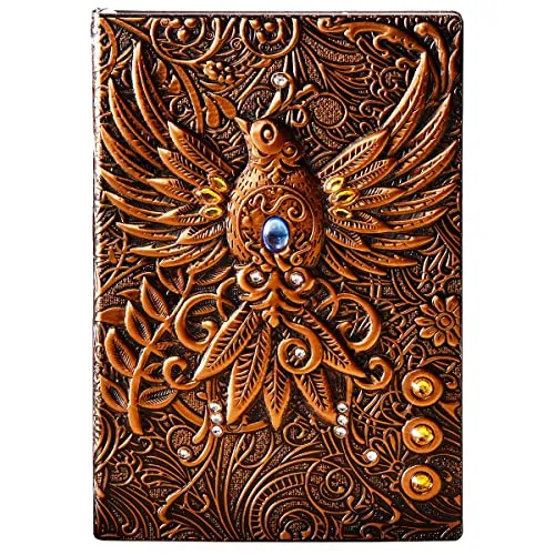 YHH A5 Notizbuch Liniert, Vintage Leder Schönes Tagebuch Organizer Lined Buch Reisetagebuch zum selberschreiben Journal GeburtstagGeschenk für Männer Frauen Erwachsene Kinder, 3D Phönix Kupfer
