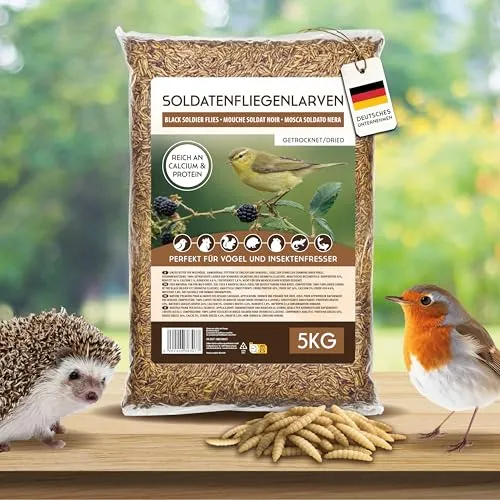 Koi-Herdecke Soldatenfliegenlarven 5kg - Proteinreiches Naturfutter für Tiere - Vogelfutter mit 43% Rohprotein, ideal für Vögel, Fische und Reptilien. Getrocknete Fliegenlarven fördern Wachstum und Vitalität - 100% naturbelassen und ohne Zucker.