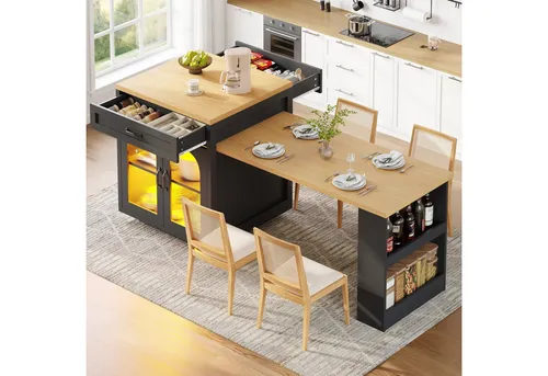 Okwish Buffet mit ausziehbarer Tischplatte und RGB-LED-Beleuchtung - Modernes Buffet in Schwarz mit geriffelten Glastüren und ausziehbarer Tischplatte für flexible Nutzung. Integrierte RGB-LED-Beleuchtung sorgt für stimmungsvolles Ambiente. Perfekt geeignet für Küche oder Essbereich.