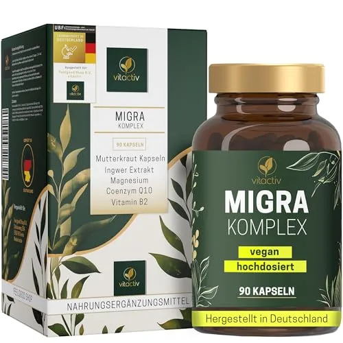 VITACTIV Migra Komplex - 90 Mutterkraut Kapseln für Kopf Balance - Pflanzliches Ergänzungsmittel mit hochdosiertem Mutterkraut, Ingwer, Magnesium und Q10 zur Unterstützung bei Migräne. Vegan, ohne künstliche Zusätze und laborgeprüft in Deutschland.