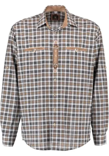 OS Trachten Herren Hemd Langarm Trachtenhemd mit Liegekragen Hidayo, Größe:45/46, Farbe:Dunkelbraun