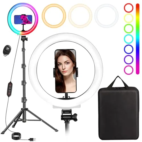 MICCYE 10 Zoll RGB Ringlicht mit Stativ - Perfekt für Selfies und Makeup - Lichter für Selfies mit dem Mobiltelefon, dimmbar mit 3 Weißfarben und 13 RGB Modi, 180cm Höhe, ideal für Videos und Makeup, inklusive Fernbedienung und USB-Betrieb.