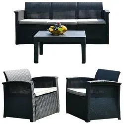 relaxdays 4-teiliges Gartenmöbel Set Rattan - Schwarz - Elegantes 4-teiliges Gartenmöbel Set mit einem 3-Sitzer-Sofa, zwei Sesseln und einem Tisch. Ideal für gesellige Abende im Freien, witterungsbeständig und pflegeleicht für höchsten Komfort.