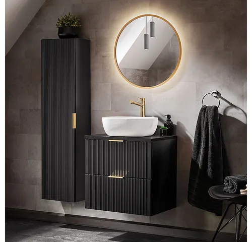 Lomadox Badezimmer Möbel Set 60cm Waschtisch - Elegantes Badezimmermöbelset in matt schwarz mit gerillter Front, Soft Close Türen und einem stilvollen Keramik Aufsatzbecken - perfekt für moderne Badezimmer.