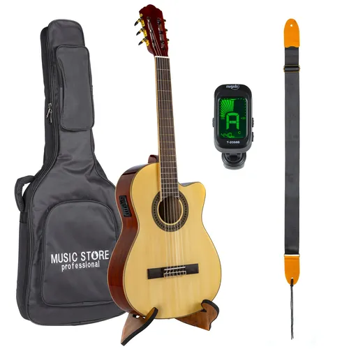Almeria Classic Bundle III Konzertgitarre Set für Anfänger - Komplettes Konzertgitarren-Set mit 4/4-Gitarre, Cutaway, Tonabnehmer, Gigbag, Ständer und Tuner. Ideal für Einsteiger und Fortgeschrittene, um sofort loszulegen und kreative Spielmöglichkeiten zu entdecken.
