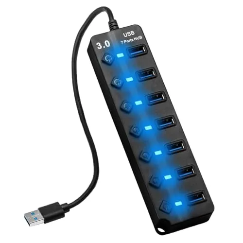 in 1 USB Hub 3.0 mit Einzel-Schaltern und 26cm Kabel, USB Verteiler PC für MacBook, PS4, Surface Pro, USB Multiport Externe Festplatten, Hub PC Splitter Mehrfach Adapter mit LED-Anzeigen 7