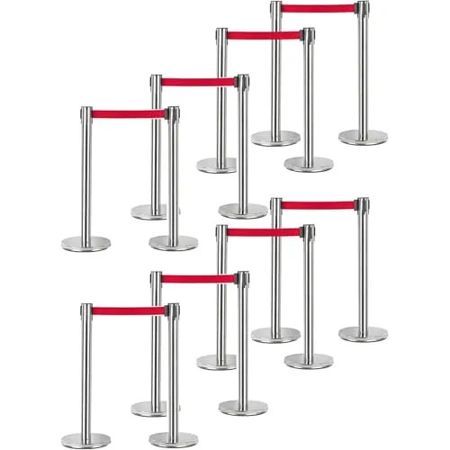 BURI Absperrpfosten 8er Set | Edelstahl Gurtpfosten mit rotem Sperrgurt - Absperrungen für Events und Geschäfte, inklusive 2m Nylonbänder für flexible Personenführung und stabiler Basis für sicheren Stand.