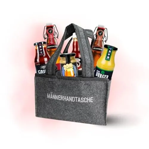 Männerhandtasche gefüllt mit Bier, Senf & Sauce