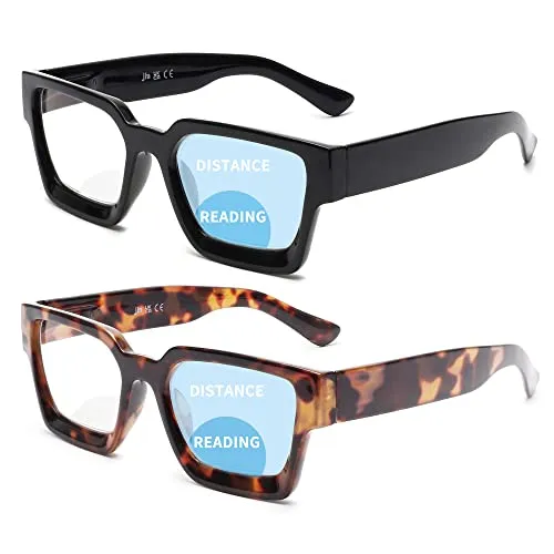 JM 2-Pack Quadratische Bifokale Lesebrille für Frauen, Blaues Licht Blockierende Computer-Leser mit Federscharnier, Schwarz-Schildkröte +1.0