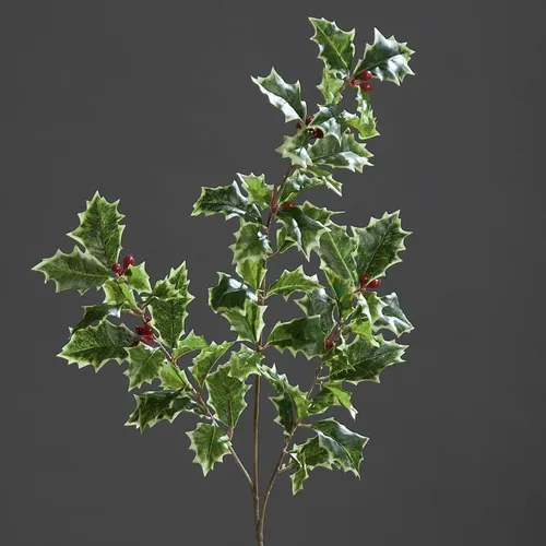 Ilexzweig Grün-Weiß mit roten Beeren Höhe 52cm Kunstzweig Künstlicher Ilex