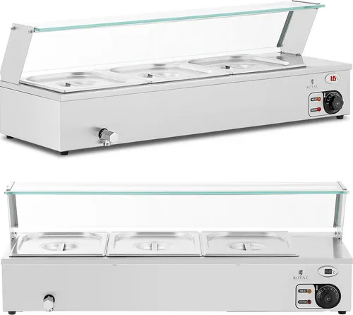 Royal Catering Bain Marie 2,000 W - 3 GN 1/2 mit Ablasshahn und Glasschutz - Großküchentechnik für Restaurants und Kantinen, ideal zum warmhalten und präsentieren von Speisen ohne anbrennen, mit hoher Kapazität und flexibler GN-Behälterauswahl.