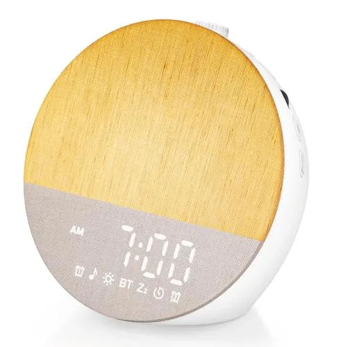 Uwithm Tageslichtwecker Sonnenaufgang, Digital Wake Up Light, Lichtwecker Doppel Wecker, Bluetooth Lautsprecher, White Noise Machine mit 30 Beruhigende Klänge, 20 Helligkeit,18 Dimmbare Nachtlicht
