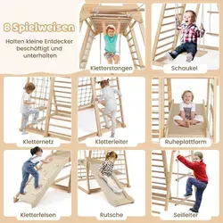 COSTWAY Klettergerüst Indoor, 8 in 1 Affenstange, Schaukel, Kletternetz, Kletterleiter, Kletterstrick, Kletterfelsen, Rutsche&Plattform, für Kind... - Naturbelassen