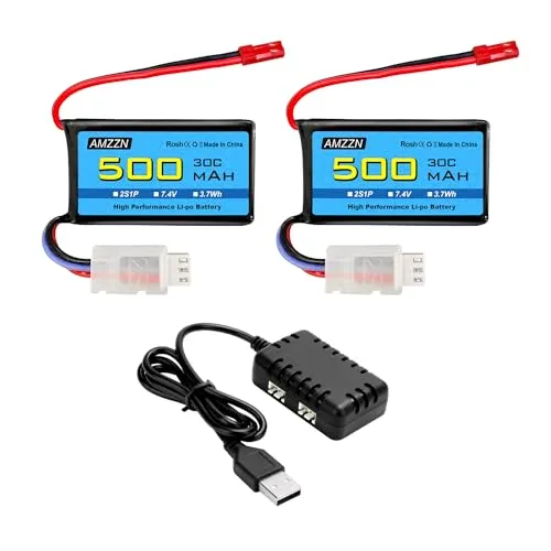 AMZZN 2 Stück 7,4V 500mAh 30C JST-2P Lipo Akku-Stecker mit 2-in-1-Ladegerät, geeignet für RC Hubschrauber, Quadcopter, Micro FPV-Rennwagen, RC Autos, LKWs und Hochgeschwindigkeitsfahrzeuge