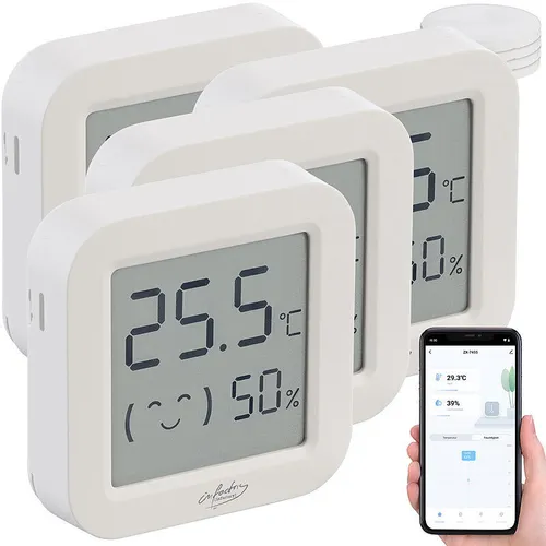 infactory 4er-Set Mini-Thermo-/Hygrometer, Komfort-Anzeige, LCD, Bluetooth, App