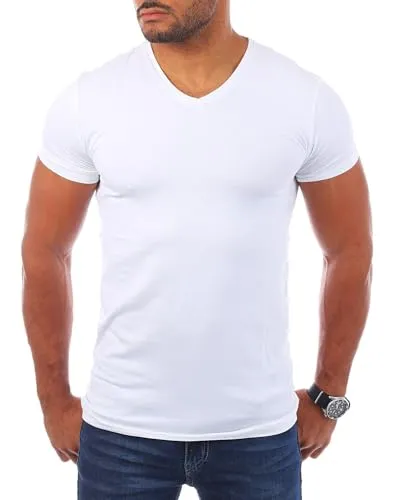 Young & Rich Herren Uni T-Shirt mit V-Ausschnitt Basic V-Neck Tee mit Stretchanteilen einfarbig Slim fit 1700, Grösse:M, Farbe:Weiß