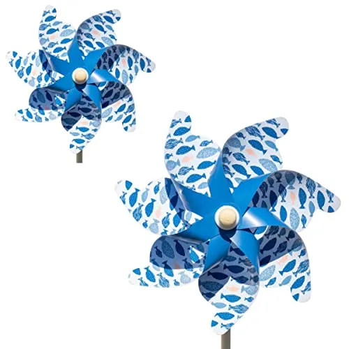 CIM Windspiel - Moulin 31-2er Set Blue Fishes - UV-beständig und wetterfest - Windrad: Ø31cm, Standhöhe: 75cm - fertig aufgebaut inkl. Standstab