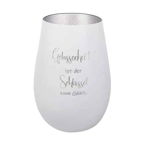 Der-Porzellan-Laden Windlicht mit Gravur Gelassenheit ist der Schlüssel zum Glück, Weiß Silber, Teelichthalter aus Glas mit Spruch, Tischdeko modern