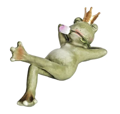 Frosch Froschkönig mit Blume – Handgefertigte Gartenfigur - Schöne Gartendeko aus wetterfestem Polyresin. Diese handbemalte Frosch-Skulptur bringt Farbe in Ihren Garten und ist ideal für den ganzjährigen Einsatz.
